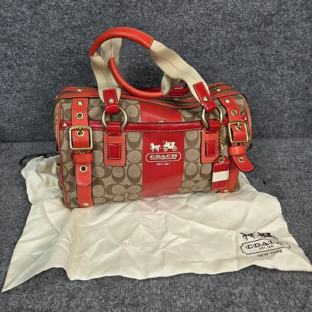 Y2K Coach Heritage Signature Coral Stripe XL Double Zip Satchel RARE 2000s VTG